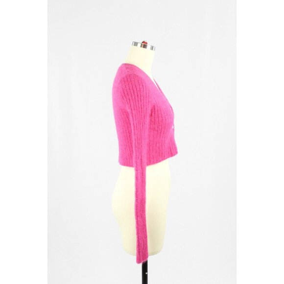 ZARA Hot Pink Wool Alpaca Ribbed Knit V-Neck Cropped Cardigan Sweater, Size S - Picture 2 of 10